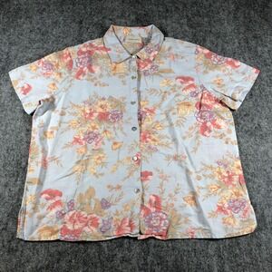 Lemon‎ Grass Shirt Womens Large Floral Button Up Linen Cotton Vintage Inspired
